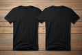 Plain blank black t-shirt mockup for front and back view on wooden background