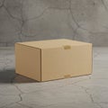 A plain, brown cardboard box with a taped flap sits on a concrete surface. The Royalty Free Stock Photo