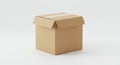 A plain cardboard box with slightly open flaps is centered on a white surface. The box Royalty Free Stock Photo