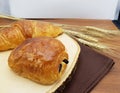 Plain and Chocolate croissant on wooden board and rustic background Royalty Free Stock Photo