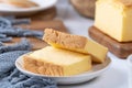 Plain classic Taiwanese traditional sponge cake Taiwanese castella kasutera on a wooden tray background table with ingredients, Royalty Free Stock Photo