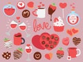 Collection of cute simple Valentine\'s Day related food, sweets and drinks. Colorful vector illustrations.