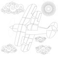 Plain. Coloring image of air plane in the sky. Vector illustration