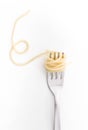 Plain cooked spaghetti pasta on fork, on white background.