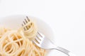 Plain cooked spaghetti pasta in white bowl and on fork, on white background.