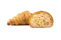 Plain Croissants and cut in half, showing the cross section, a classic crescent-shaped croissant. isolated on a white background.