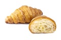 Plain Croissants and cut in half, showing the cross section, a classic crescent-shaped croissant. isolated on a white background.