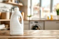 Plain detergent bottle on wood over defocused laundry room interior Royalty Free Stock Photo