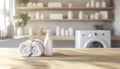 Plain detergent bottle on wood over defocused laundry room interior Royalty Free Stock Photo