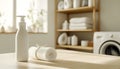 Plain detergent bottle on wood over defocused laundry room interior Royalty Free Stock Photo