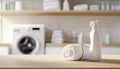 Plain detergent bottle on wood over defocused laundry room interior Royalty Free Stock Photo