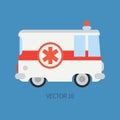 Plain flat plain vector icon ambulance car. Emergency assistance vehicle. Cartoon style. Reanimation. Maintenance