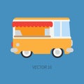 Plain Flat Vector Color Icon Mobile Coffee Shop Car. Commercial Vehicle. Cartoon Vintage Style. Van. Fast Food Cafe