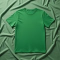 Plain green T-shirt displayed on a matching green fabric background. The shirt is short-sleeved Royalty Free Stock Photo
