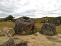 Cylindrical stone jars with wide bottoms & narrower tops at the Plain of Jars, Phonsavan, Laos Dec 2015