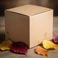A plain, light brown cardboard box sits on a wooden surface. Surrounding the box are Royalty Free Stock Photo