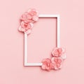 Plain natural Hydrangea flowers, minimal floral style pastel pink blossom arrangement. Flowery frame