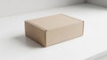 A plain, rectangular cardboard box rests on a smooth, white surface Royalty Free Stock Photo