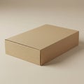 A plain, rectangular cardboard box sits on a beige surface. The box is made of brown Royalty Free Stock Photo