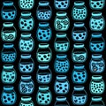 Plain seamless pattern with the fruit jam jars on a black background.