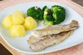 Plain slices of grilled fish with potatoes and broccoli
