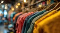 plain t-shirts of different colors hang on a hanger, store interior blur