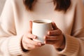 Plain white blank mug cup, beige neutral rustric cottagecore, on beige linen, product display Royalty Free Stock Photo