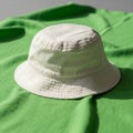 A plain white bucket hat rests on a smooth, bright green fabric. The hat features a Royalty Free Stock Photo
