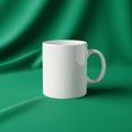 A plain white ceramic mug is centered against a draped green fabric backgroun Royalty Free Stock Photo