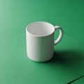 A plain white ceramic mug with a handle sits on a green surface Royalty Free Stock Photo