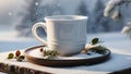 A plain white ceramic mug mock up on an outdoor table in the winter. Royalty Free Stock Photo