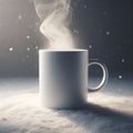 A plain white ceramic mug mock up snow background with smoke. ai generative Royalty Free Stock Photo
