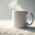 A plain white ceramic mug mock up snow background with smoke. ai generative Royalty Free Stock Photo