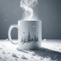 A plain white ceramic mug mock up snow background with smoke. ai generative Royalty Free Stock Photo