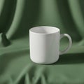 A plain white ceramic mug is positioned on a soft green textured fabric Royalty Free Stock Photo