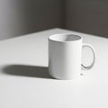A plain white ceramic mug sits on a white surface, casting a soft shadow Royalty Free Stock Photo