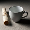 A plain white ceramic mug sits on a textured fabric surface. Beside it, a rolled parchment tied Royalty Free Stock Photo