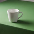A plain white ceramic mug with a sturdy handle rests on a green tablecloth Royalty Free Stock Photo