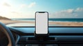 A plain white mock up smartphone screen in a phone holder on a car dashboard Royalty Free Stock Photo