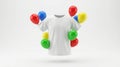 Plain white t-shirt floating surrounded by bright balloons Royalty Free Stock Photo