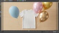 Plain white t-shirt presented with colorful balloons Royalty Free Stock Photo