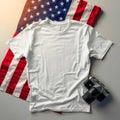 A plain white tee shirt placed on an american flag with a camera on a gray colored surface Royalty Free Stock Photo