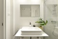 Plain white tiled bathroom with roll-in glass shower stall, designer Royalty Free Stock Photo