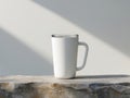 A plain white travel mug, standing upright on a stone surface with subtle natural shadows Royalty Free Stock Photo
