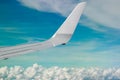 Plain wing over blue sky. Flight from Helsinki to Amsterdam Royalty Free Stock Photo