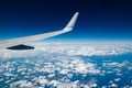 Plain wing over blue sky. Flight from Helsinki to Amsterdam