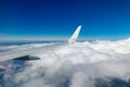 Plain wing over blue sky. Flight from Helsinki to Amsterdam