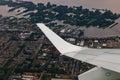 Plain wing over Holland. Flight from Amsterdam to Brussels