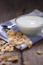 Plain yogurt in small glass bowl with crispy cereal Royalty Free Stock Photo