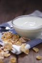 Plain yogurt in small glass bowl with crispy cereal Royalty Free Stock Photo